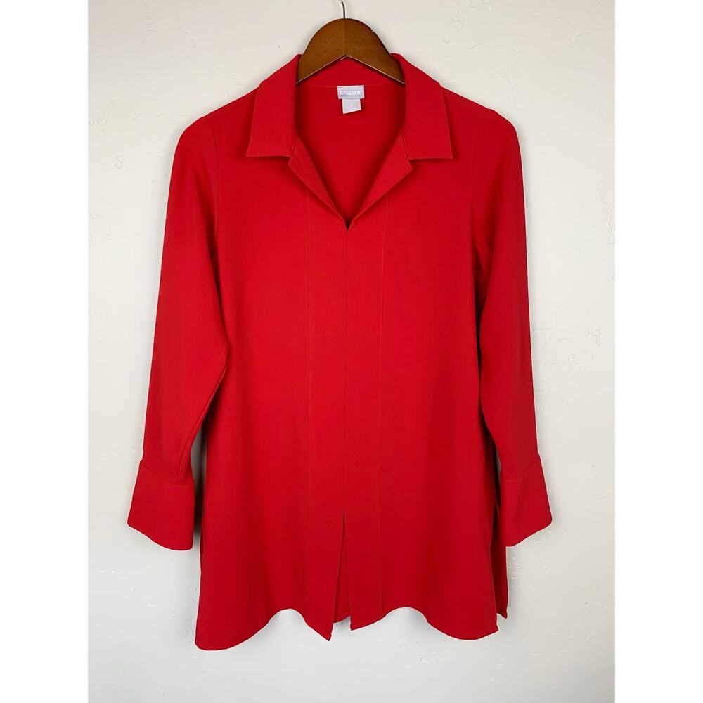 Chicos Tunic Blouse Top Red Long Sleeves Longline Collared Women's 0 or S